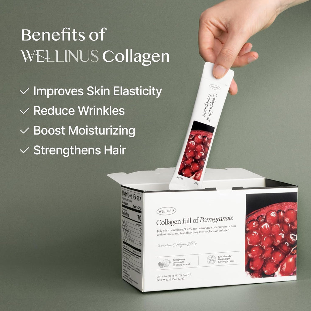 WELLINUS Korean Marine Collagen Jelly Sticks – Pomegranate Marine Collagen Peptides for Glowing Skin, Hair & Nails, Anti-Aging Beauty Supplement, Sugar-Free, Halal & Gmo-Free, 25 Travel Packs