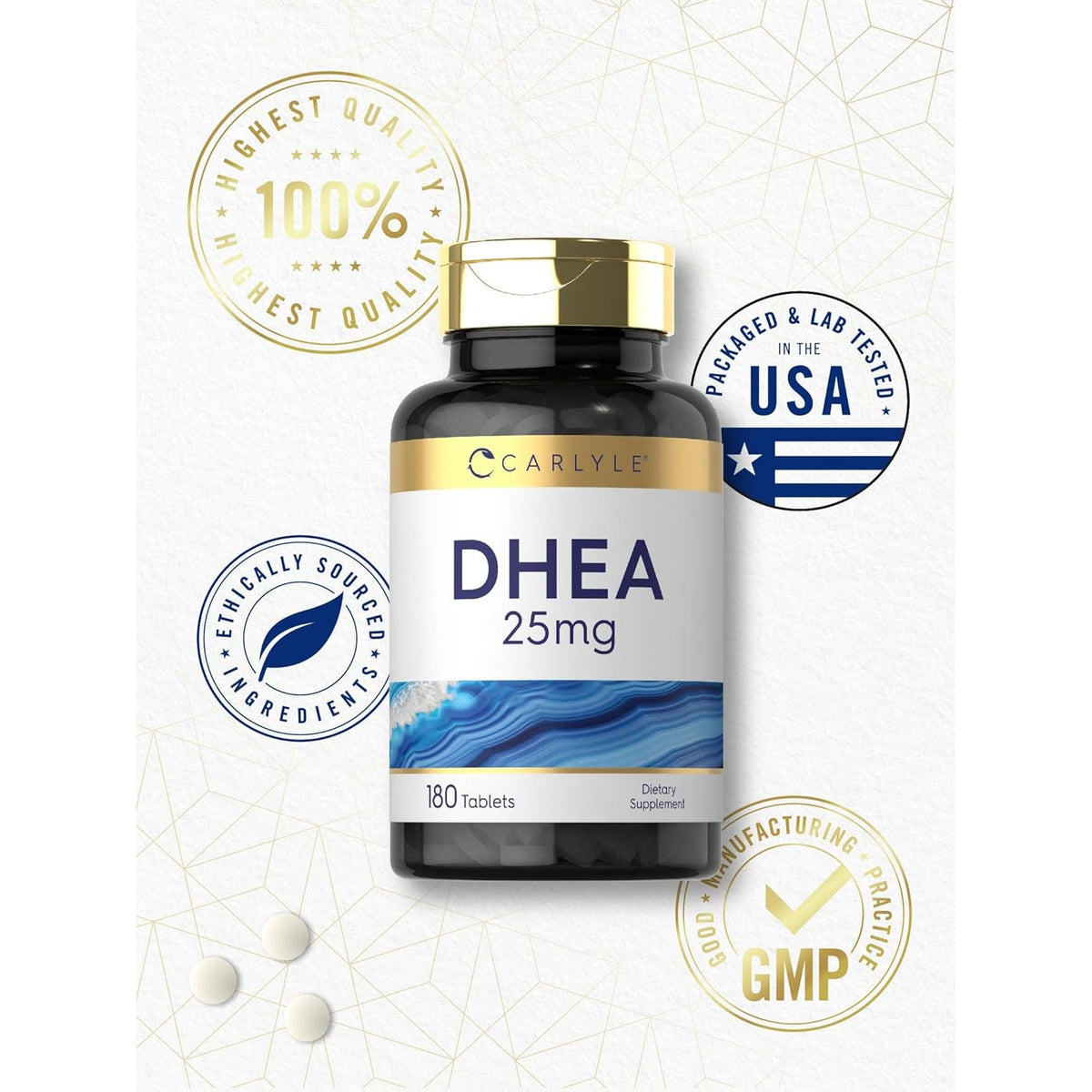 Carlyle DHEA Supplement for Women and Men | 25Mg | 180 Tablets | Vegetarian, Non-Gmo, and Gluten Free