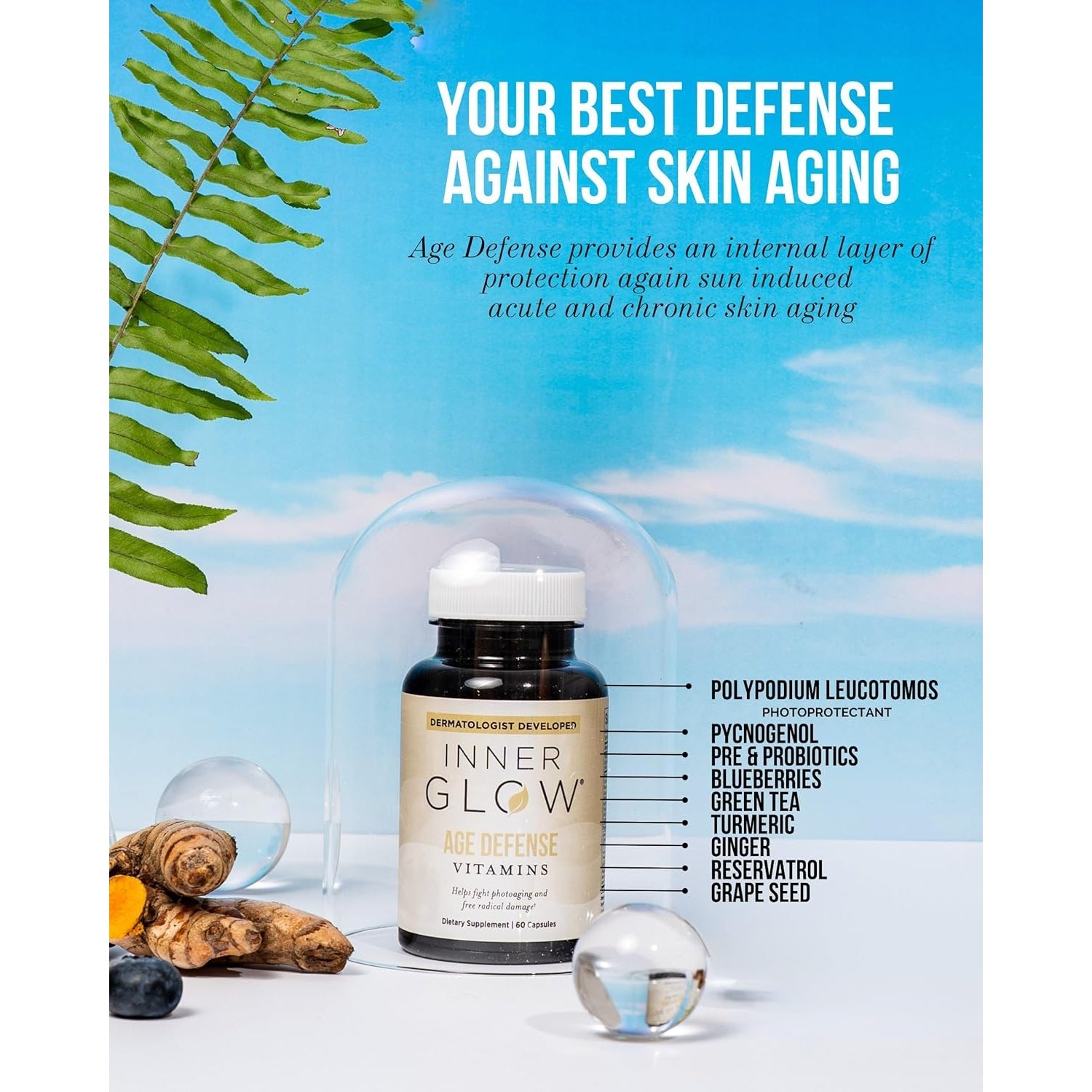 Inner Glow Age Defense Vitamins - Dermatologist and Plastic Surgeon Developed to Fight Photoaging and Melasma, Polypodium Leucotomos Antioxidant Formula – Vegan, Gluten-Free – 60 Capsules