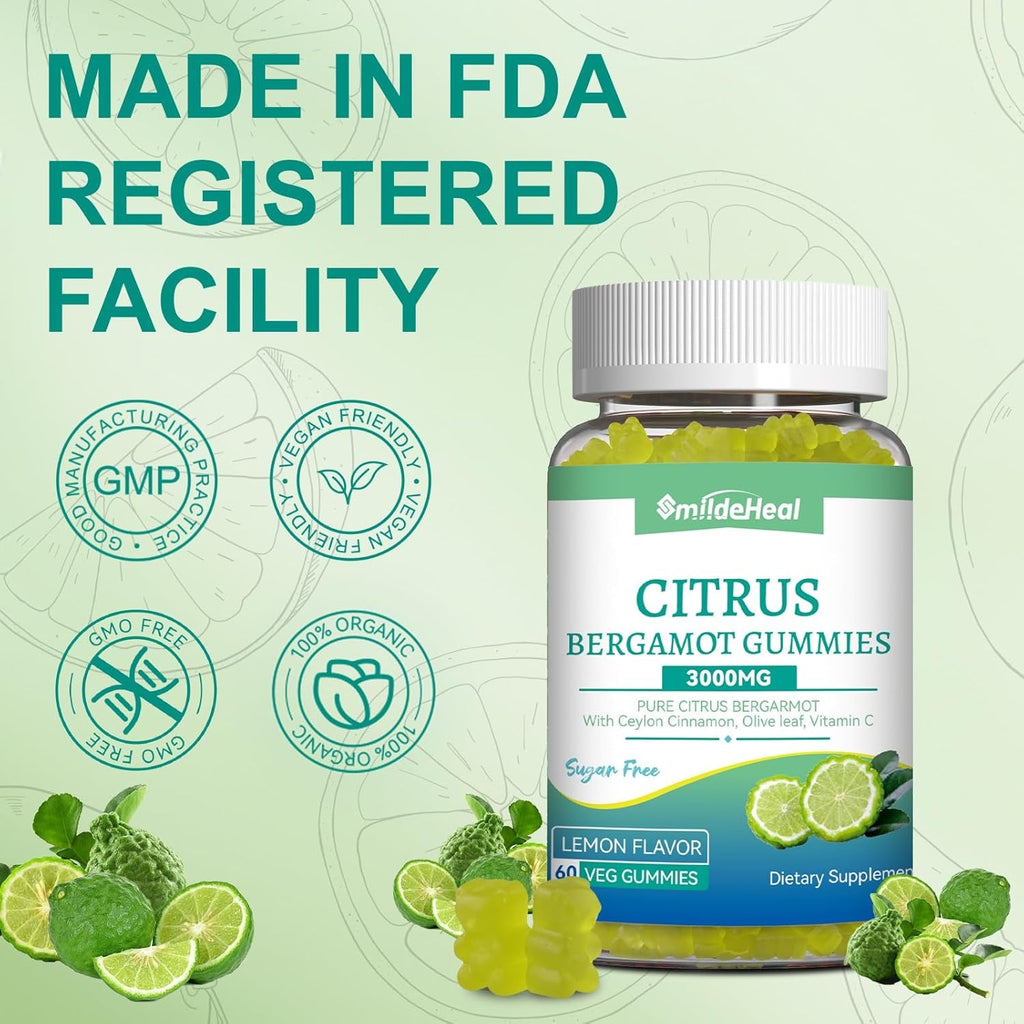 Citrus Bergamot Gummies 3000Mg, Bergamot Supplement for High Cholesterol, Cholesterol Lowering Supplement for Heart, Immune System & Anti-Aging, Sugar Free Vegan 60 Gummies