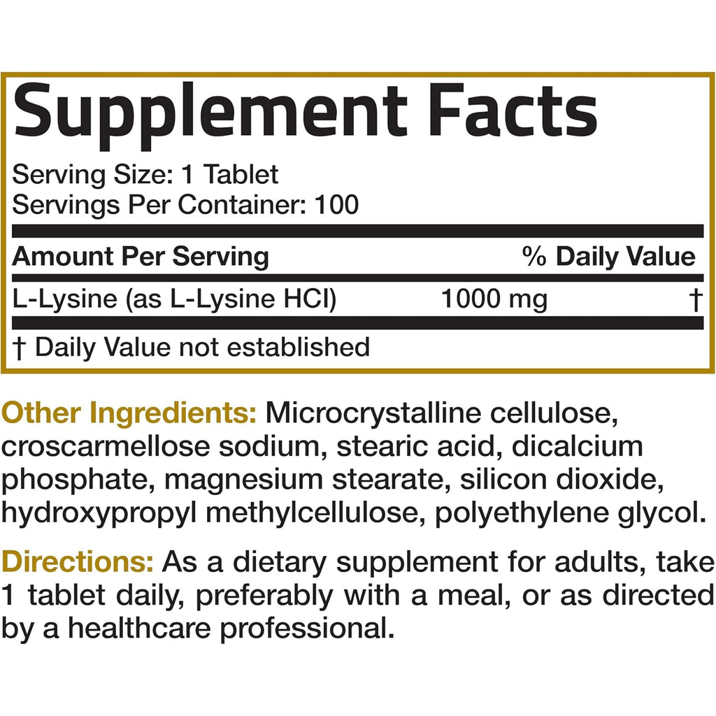 Bronson L-Lysine Extra Strength 1000 MG per Tablet High Potency, Immune Support & Supports Collagen Synthesis, Non-Gmo, 100 Vegetarian Tablets