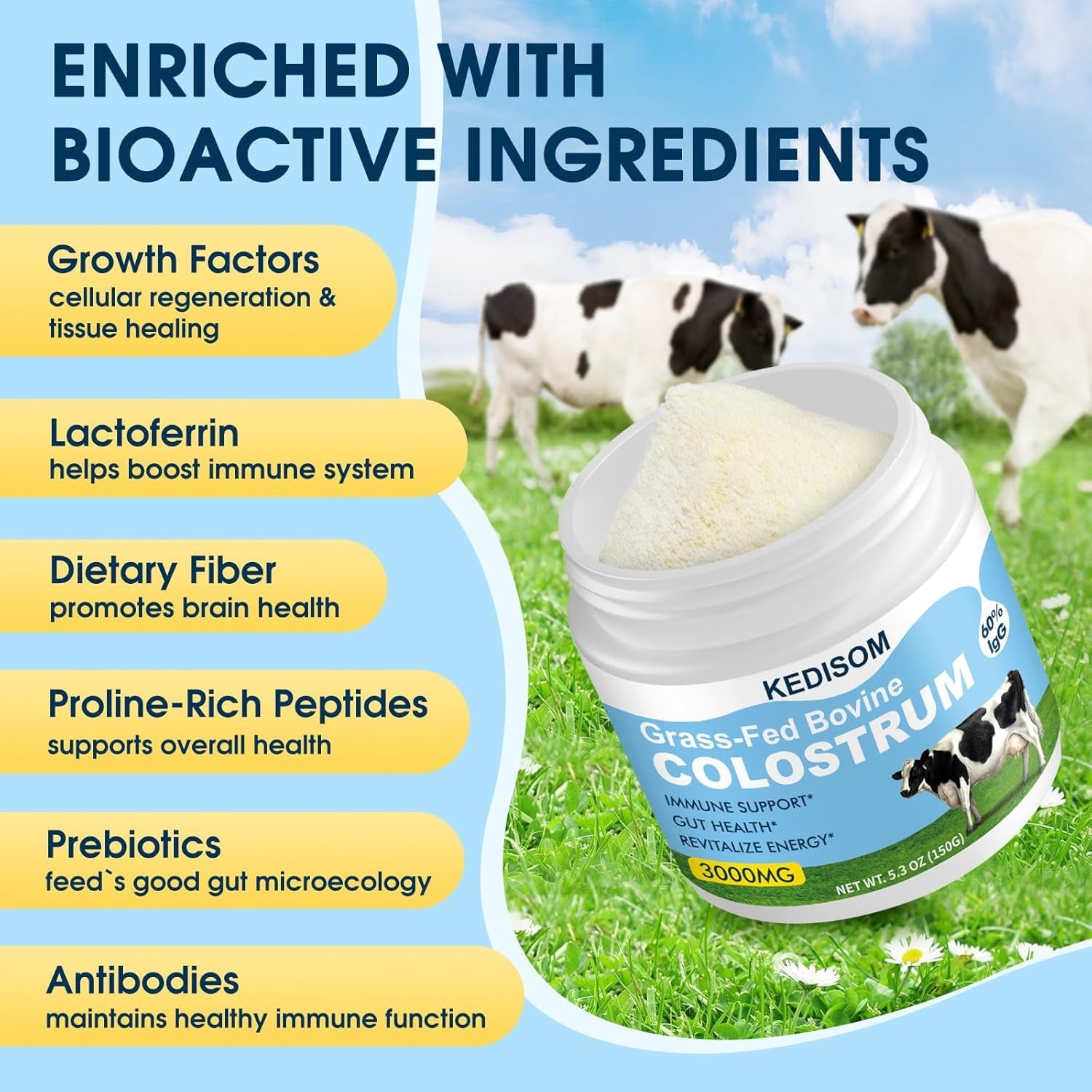 Grass-Fed Bovine Colostrum Supplement Powder - 60% High Igg 3000 Mg for Gut Health, Immune Support - Easy to Mix Natural Liposomal Colostrum Superfood, Unflavored, 50 Servings
