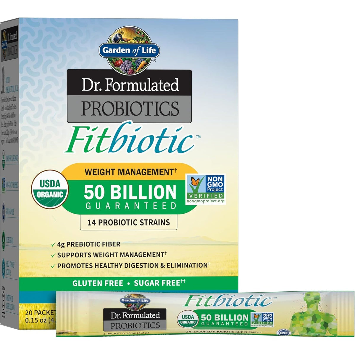 Garden of Life Dr. Formulated Probiotics Fitbiotic Weight Management Powder, 50 Billion CFU & Prebiotic Fiber, Organic & Non-Gmo Digestive Gut Health Probiotic Supplement, 20 Single Serving Packets