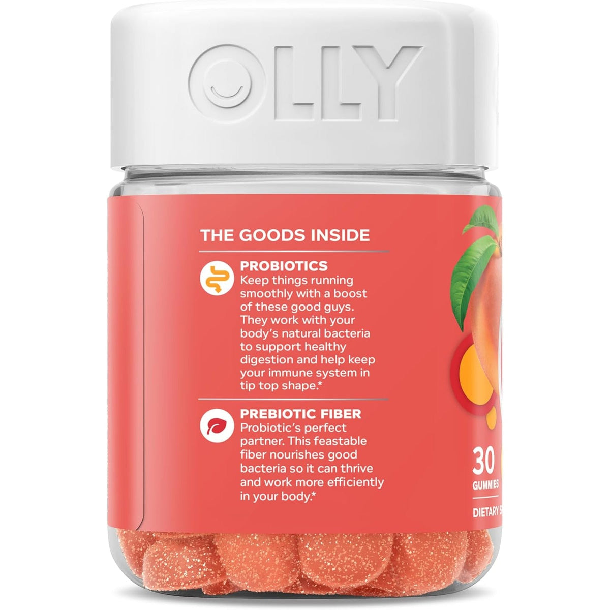 Olly, Probiotic + Prebiotic Gummy, 500 Million Cfus, Fos, Adult Chewable Supplement for Men and Women, Peach Flavored, 30 Day Supply, 30 Count