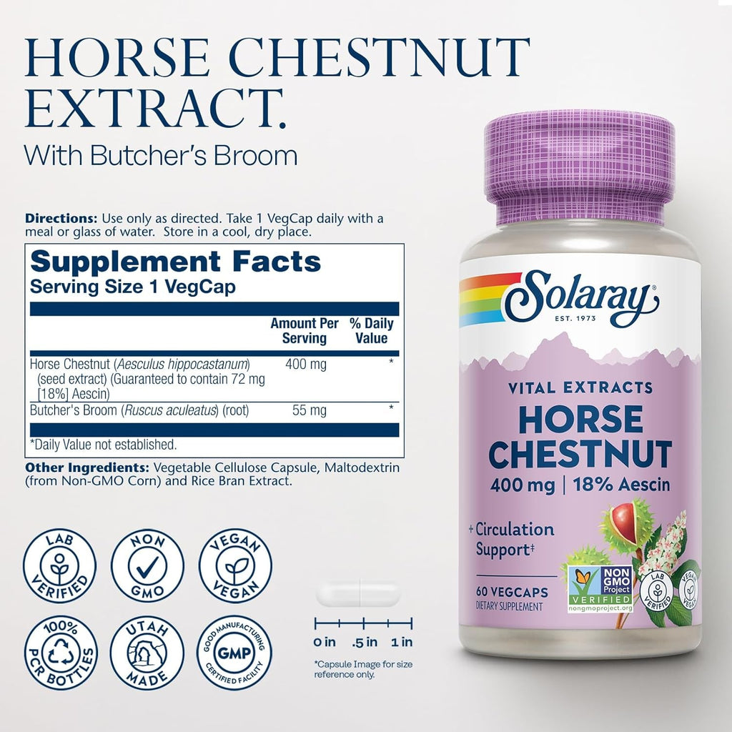 Solaray Horse Chestnut Extract 400 Mg - Standardized to 72 Mg Aescin - with 55 Mg of Butchers Broom - Vein and Blood Circulation Supplements - Vegan, Non-Gmo, 60-Day Guarantee, 60 Servings, 60 Vegcaps
