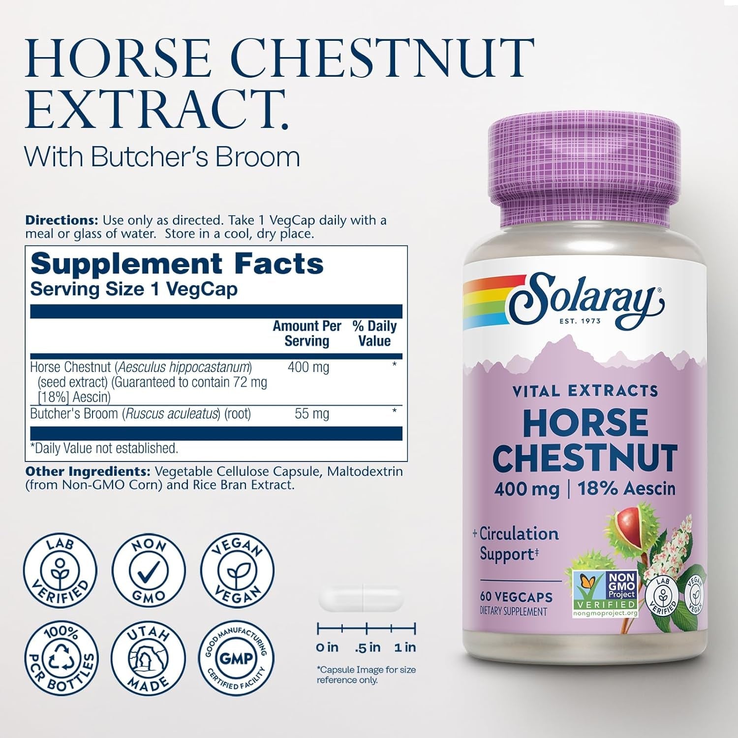 Solaray Horse Chestnut Extract 400 Mg - Standardized to 72 Mg Aescin - with 55 Mg of Butchers Broom - Vein and Blood Circulation Supplements - Vegan, Non-Gmo, 60-Day Guarantee, 60 Servings, 60 Vegcaps