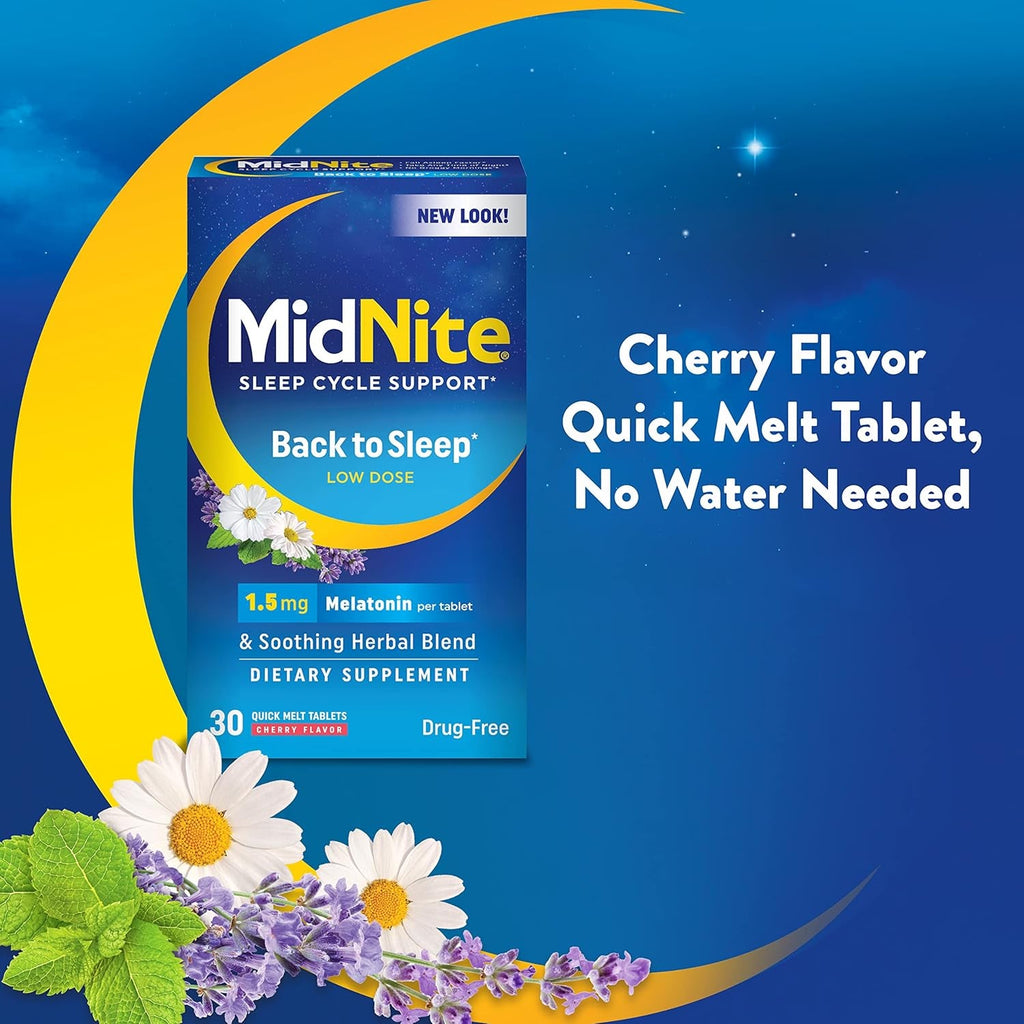 Midnite Back to Sleep Low Dose, 1.5 Mg Melatonin Sleep Aid, Non-Habit Forming, Herbal Dietary Supplement for Adults, Drug-Free, Gluten-Free & Lactose-Free, Vegetarian, Vegan, 30 Quick Melt Tablets