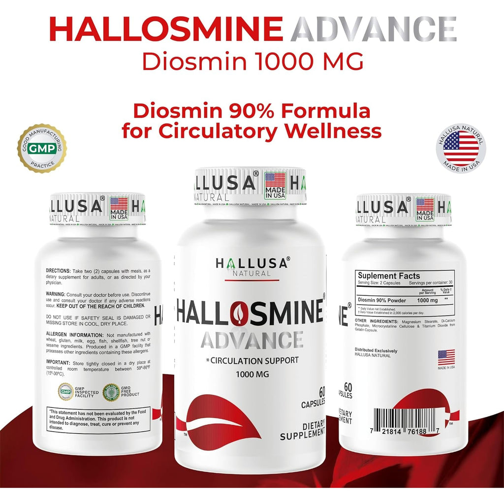 Hallosmine Advance 1000Mg Diosmin Capsules – Max Strength Circulation & Vein Support Supplement, Vascular Health, Visible Veins, Spider Veins, Blood Flow, Swelling & Heavy Legs, 60 Count