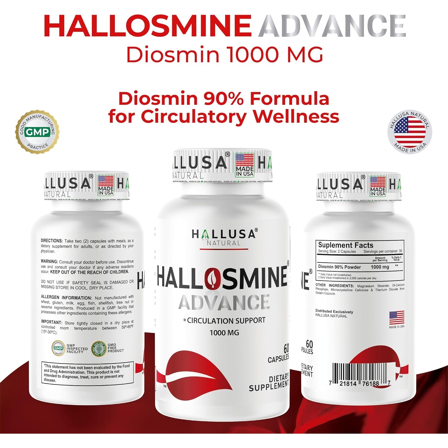 Hallosmine Advance 1000Mg Diosmin Capsules – Max Strength Circulation & Vein Support Supplement, Vascular Health, Visible Veins, Spider Veins, Blood Flow, Swelling & Heavy Legs, 60 Count