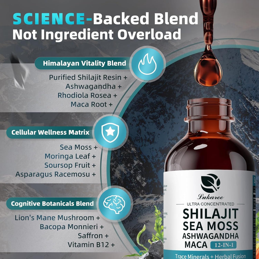 Shilajit Liquid Drops, 12-In-1 Complex - Sea Moss, Ashwagandha, Maca, Fulvic Acid, Trace Minerals, Liquid Vitamins Supplement for Men and Women, Energy, Antioxidant, Immune Support, 60ML/2 FL Oz