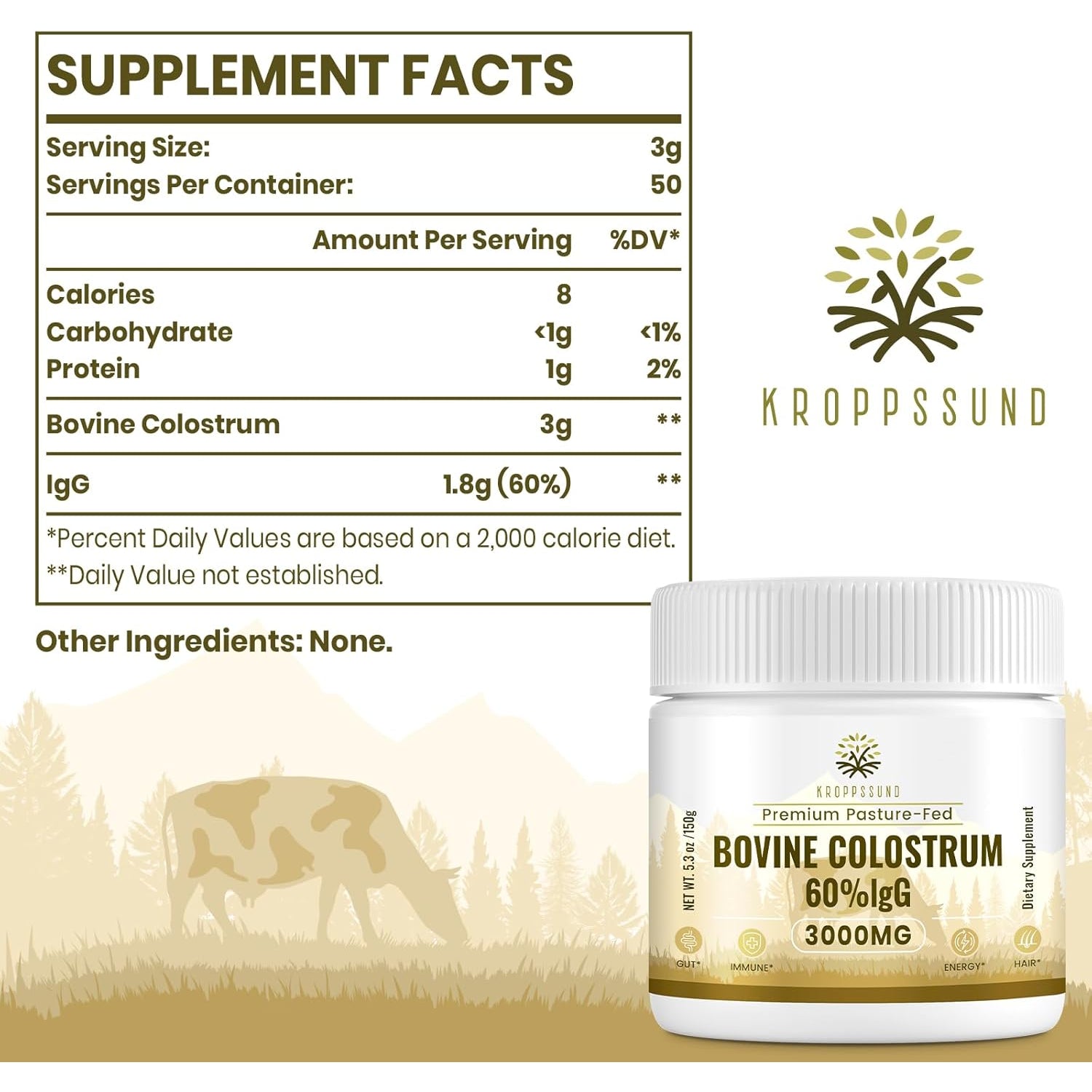 Kroppssund Bovine Colostrum Powder Supplement 3000 Mg - Extra High 60% Igg Bovine Colostrum - Gut, Bone, Exercise, Immune - 50 Servings (1 Bottle)