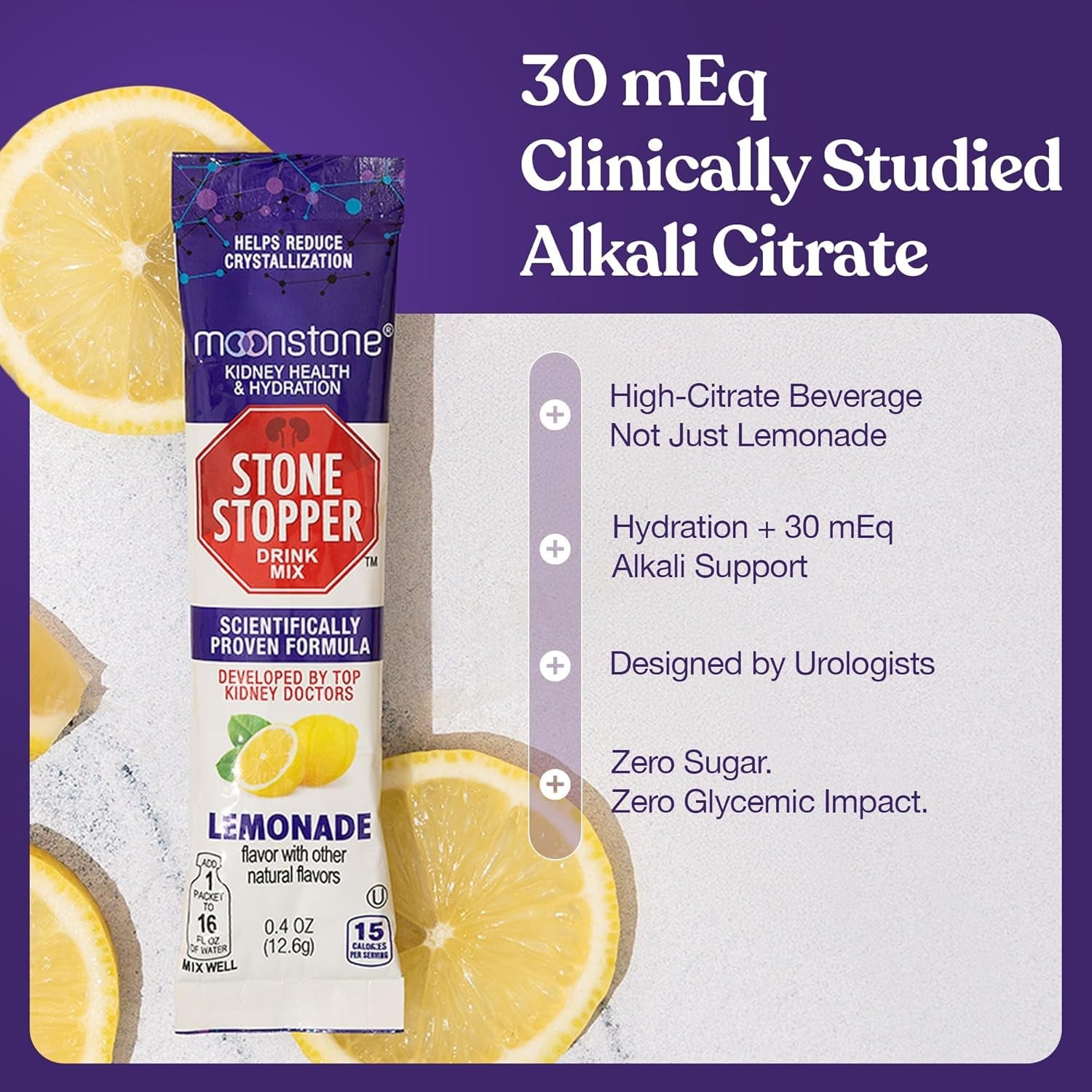 Stone Stopper Drink Mix, Lemonade, Kidney Stone Prevention, Calcium Oxalate Protector, Alkali Citrate Support, Developed by Urologists to Improve Hydration and Support Kidney Health, 15 Day Supply