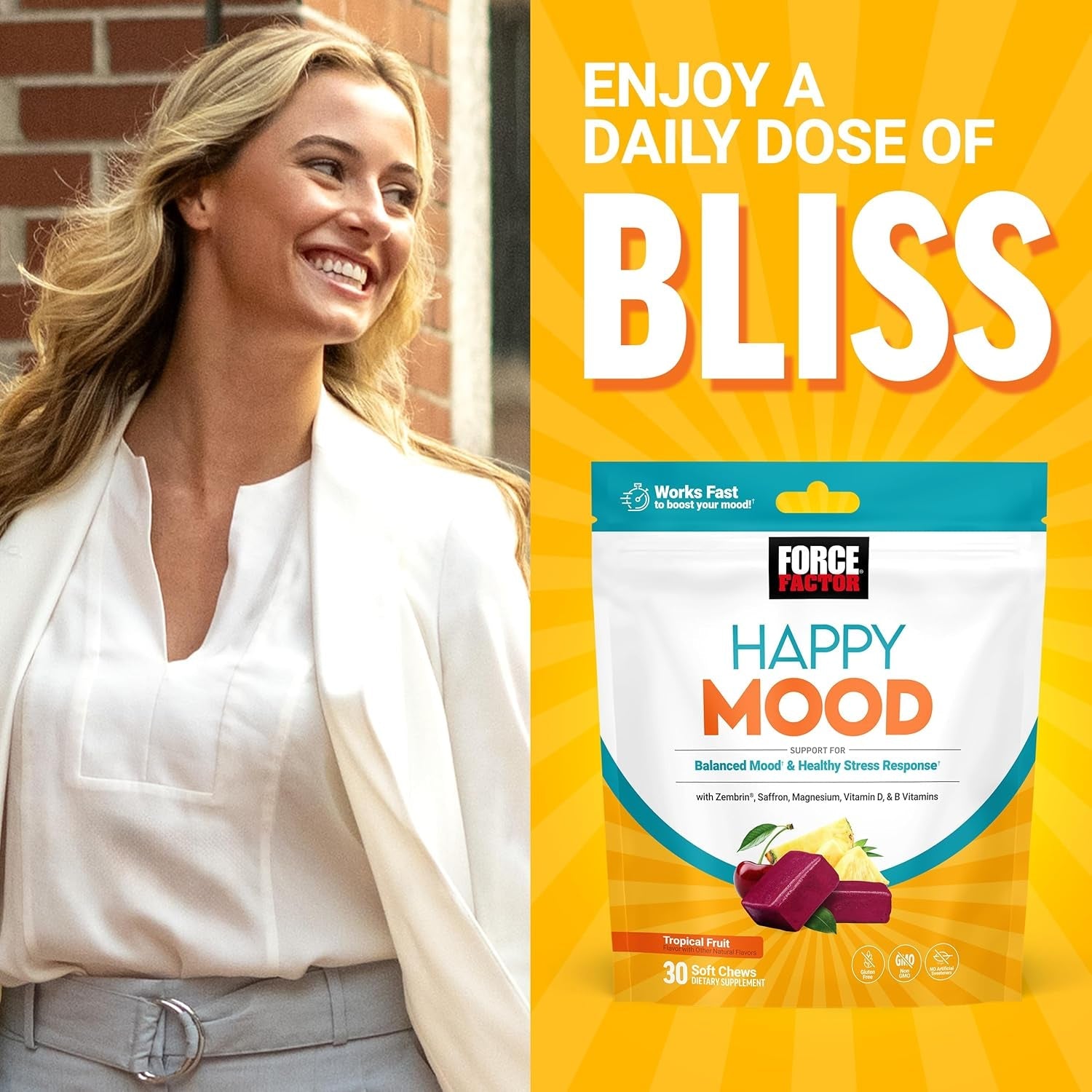Force Factor Happy Mood, Mood Support and Balance Supplement to Support Happiness, Positivity, and Stress, Made with Magnesium, Saffron, Zembrin, Non-Gmo, Tropical Fruit Flavor, 30 Soft Chews