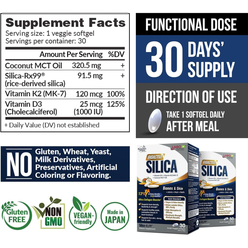 LABO Nutrition Bioactive Silica | Vegan Support for Strong Joint, Bones & Healthy Collagen Production, Glowing Skin, Strong Hair & Nails | 99% Purity Rice-Derived Silica Supplement, 30 Vegan Softgel