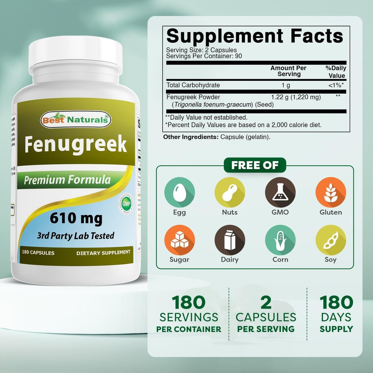 Best Naturals Fenugreek Seed 610 Mg 180 Capsules
