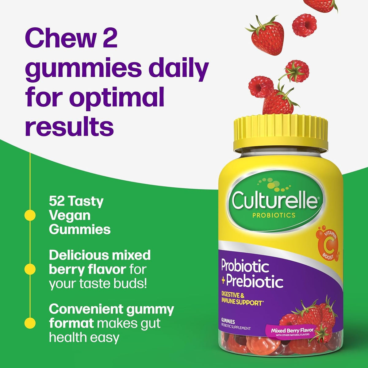 Culturelle Daily Probiotic Gummies for Women & Men, Berry Flavor, 52 Count, Naturally-Sourced Daily Probiotic + Prebiotic for Digestive Health, Non-Gmo & Vegan