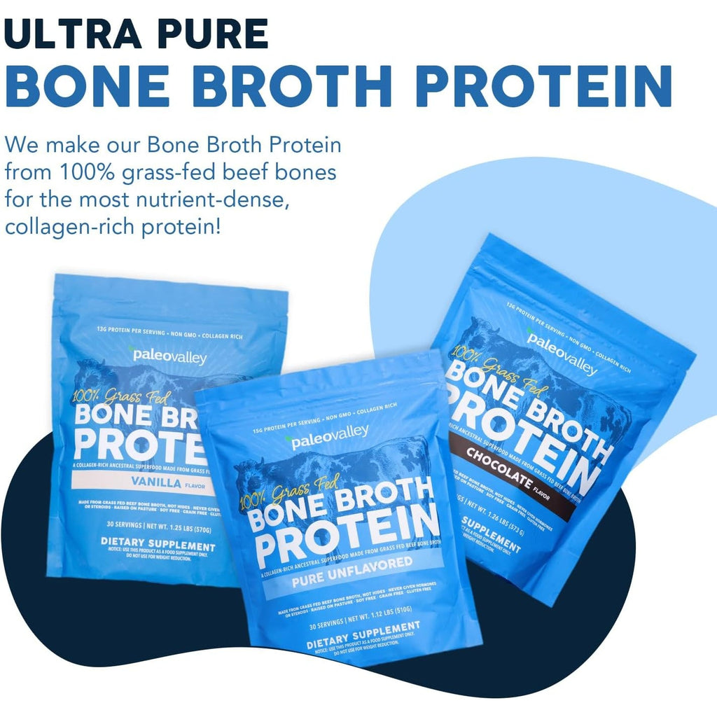 Paleovalley 100% Grass Fed Beef Bone Broth Protein Powder - Rich in Collagen Peptides for Hair, Skin, Gut Health, Bone and Joint Support - 13G Protein per Serving - No Gluten or Gmos - Chocolate