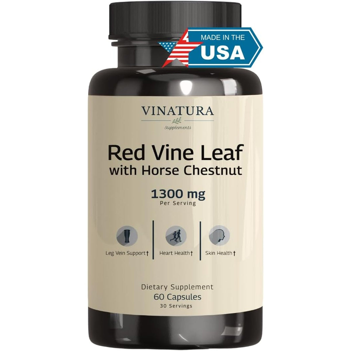 VINATURA Red Vine Leaf Extract - Horse Chestnut, 1300Mg/Serving *USA Made and Tested* Circulation and Vein Support for Healthy Legs - Helps Blood Flow, Leg Circulation - 60 Capsules (30 Servings)