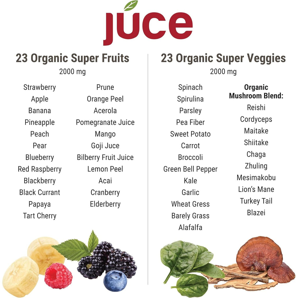 Juce Original Formula - Organic Super Fruit & Veggies Supplement - Gluten/Gelatin Free, Soy Free & Vegan- Reds & Greens Superfood Capsules- 23 Fruits & 23 Vegetables (180 Count)- by Terra Kai Organics