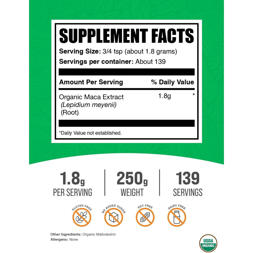 Bulksupplements.Com Organic Maca Root Extract Powder - Organic Maca Powder, Nutritional Supplement - Vegan & Gluten Free, 1.8G of per Serving, 250G (8.8 Oz) (Pack of 1)