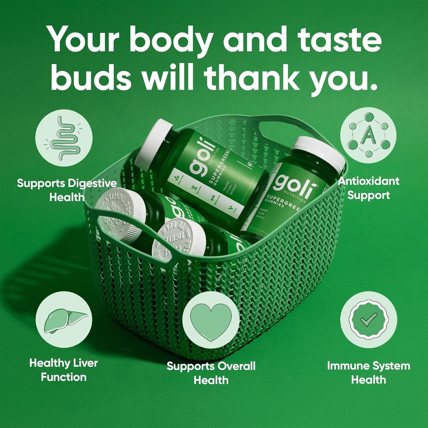 Goli Supergreens Gummies with Probiotics - Artichoke Leaf Extract, Spirulina, Kale, Vitamins A, B6, B12 - Vegan, Gluten-Free, Non-Gmo