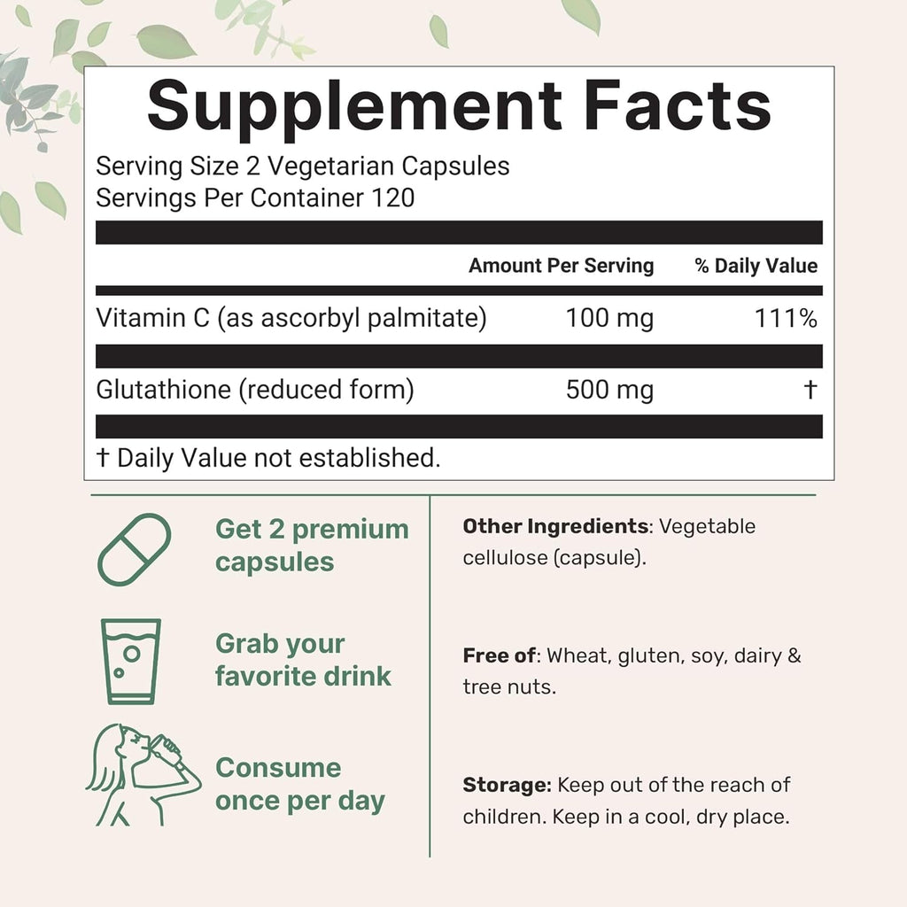 Micro Ingredients Glutathione 500Mg with 100Mg Vitamin C Supplement, 240 Veggie Capsules | Reduced Glutathione + Fat Soluble Ascorbyl Palmitate Complex | Non-Gmo, Filler Free