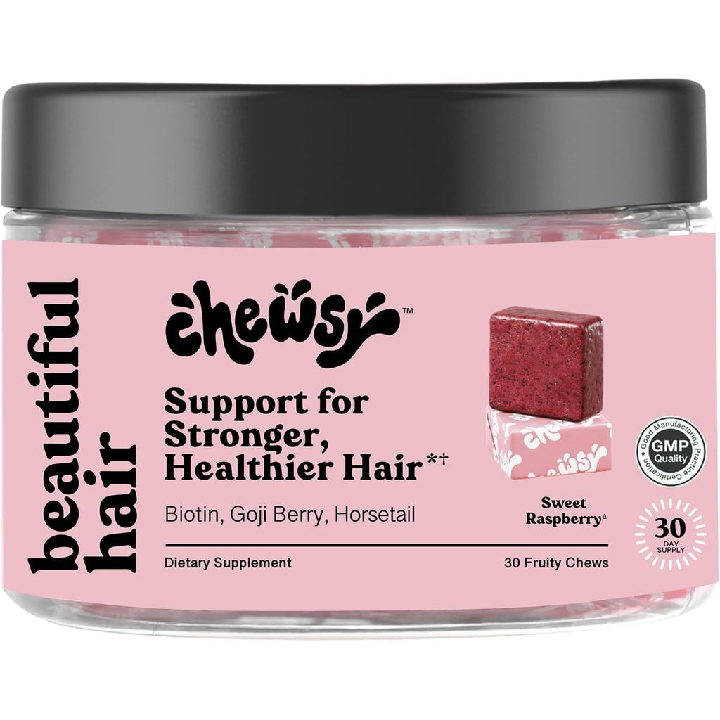 Chewsy - Beautiful Hair - Support for Stronger, Healthy Hair - with Biotin, Horsetail Extract, Goji Berry & Vitamins - Sweet Raspberry, 30-Day Supply