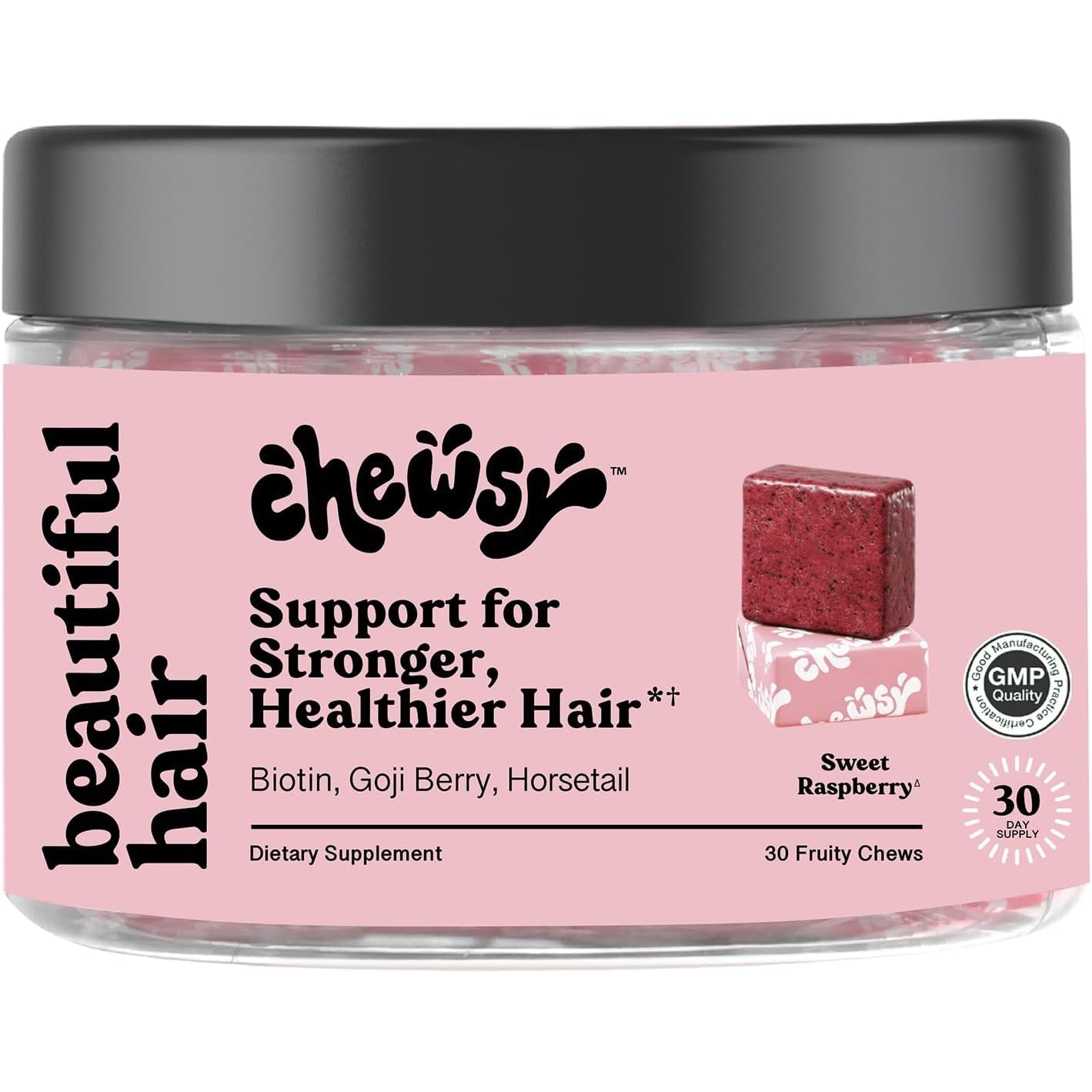 Chewsy - Beautiful Hair - Support for Stronger, Healthy Hair - with Biotin, Horsetail Extract, Goji Berry & Vitamins - Sweet Raspberry, 30-Day Supply