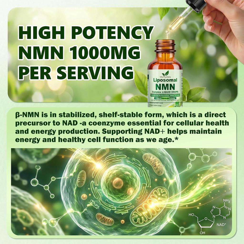 NMN Supplement Liquid Drops, Ultimate 12-In-1 NMN Beta 1000Mg W. Quercetin TMG Resveratrol Coq10 Astaxanthin for anti Aging Energy & Immune, NMNH Alternative Liposomal High Absorption for Women Men