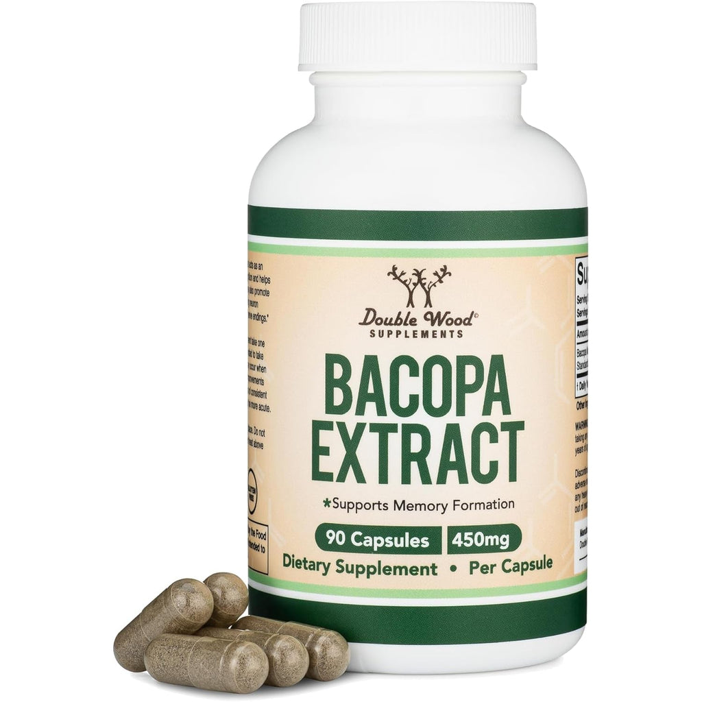 Bacopa Monnieri Capsules 20% Bacosides 450Mg, 90 Count (Non-Gmo, Gluten Free) Brahmi Extract (Memory Supplement for Brain Health, Focus, and Cognitive Function) by Double Wood
