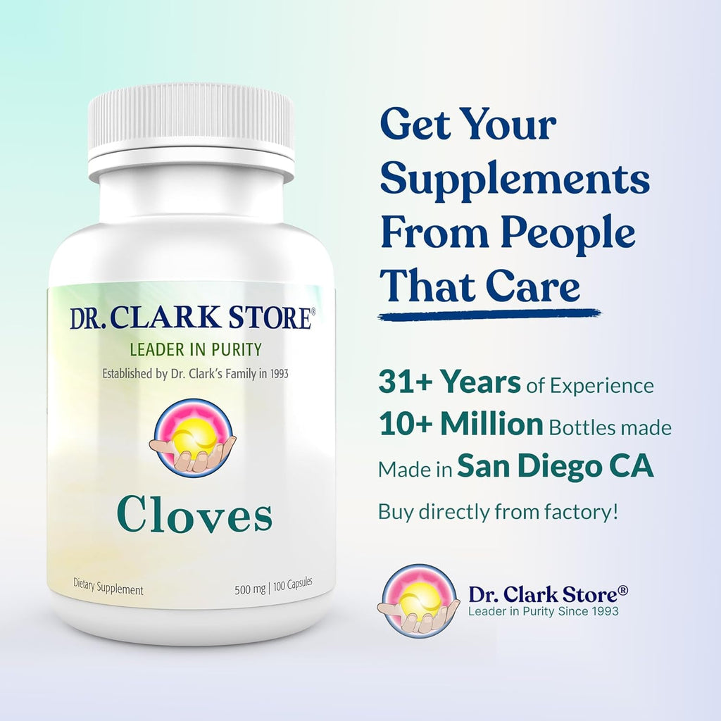 Dr Clark Store Cloves Supplement 500Mg for Digestive Comfort and Balanced Internal Cleansing Support, 100 Gelatin Capsules for a 100-Day Supply of Pure Botanical Wellness, Non-Gmo and Gluten Free
