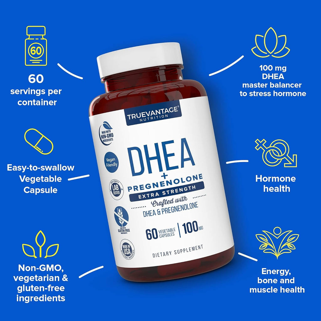 Truevantage Nutrition DHEA 100 Mg with Pregnenolone 60 Mg – Vegetable Capsules, Non-Gmo