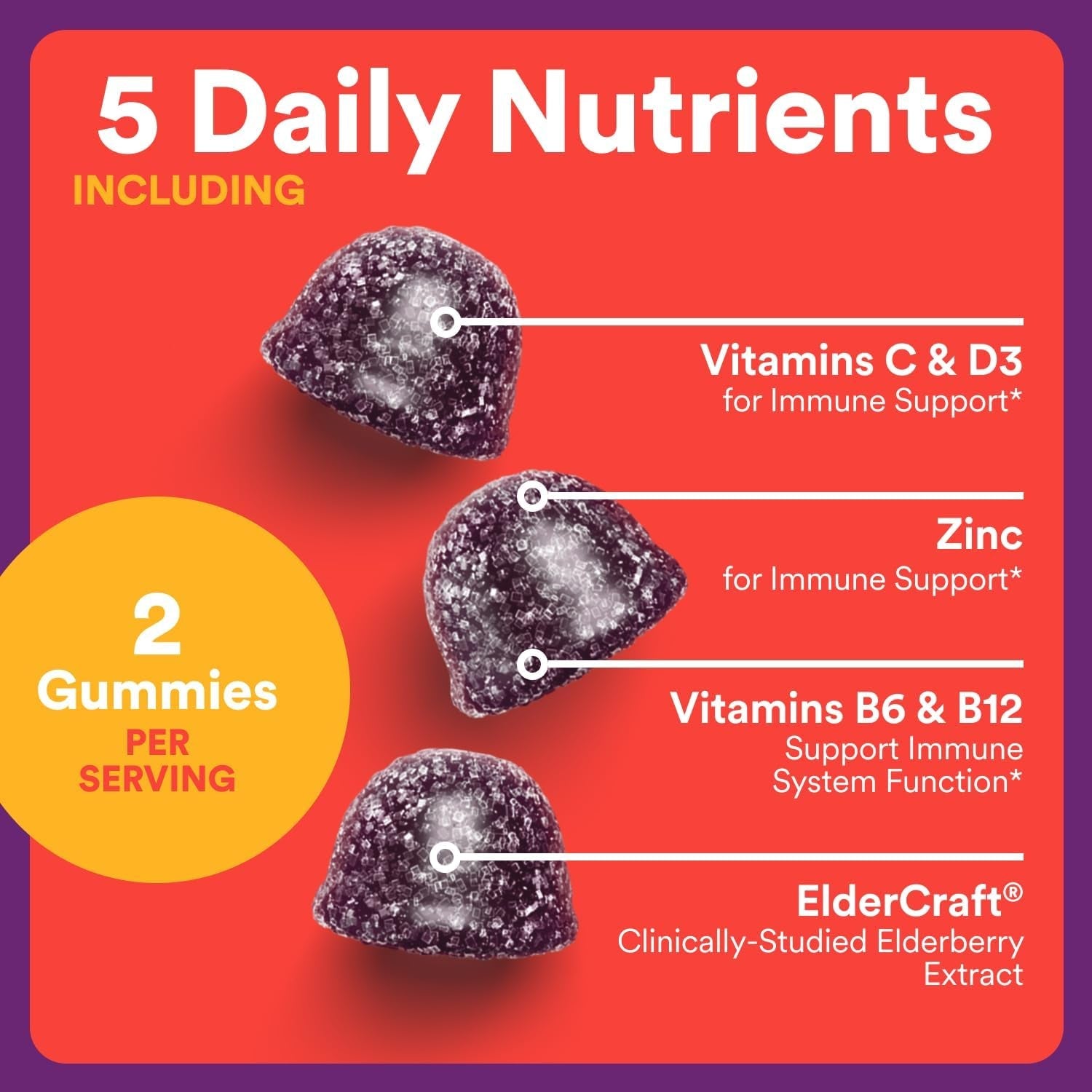 Smartypants Kids Immunity Elderberry Gummies: Kids Immune Support Supplement, Vitamin C, Vitamin D, Vitamins B6 & B12 and Zinc, Gluten Free, Elderberry Flavor, 60 Count (30 Day Supply)