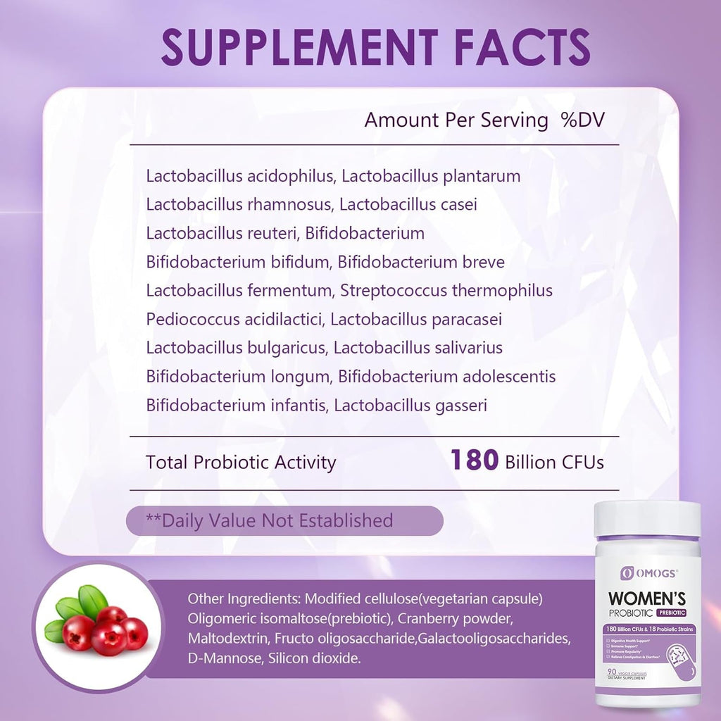 OMOGS Women'S Probiotic 180 Billion Cfus 18 Strains, with Organic Prebiotics, Cranberry Extract, D-Mannose & Digestive Enzymes, for Digestive, Boost Immune, PH Balance & Urethral Health, 90 Capsules