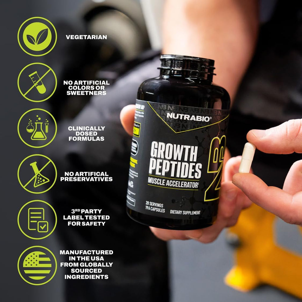 Nutrabio Growth Peptides |Muscle Accelerator with Dileucine & Peptistrong | Peptides for Muscle Growth Men & Women- 28 Servings- 196 Capsules