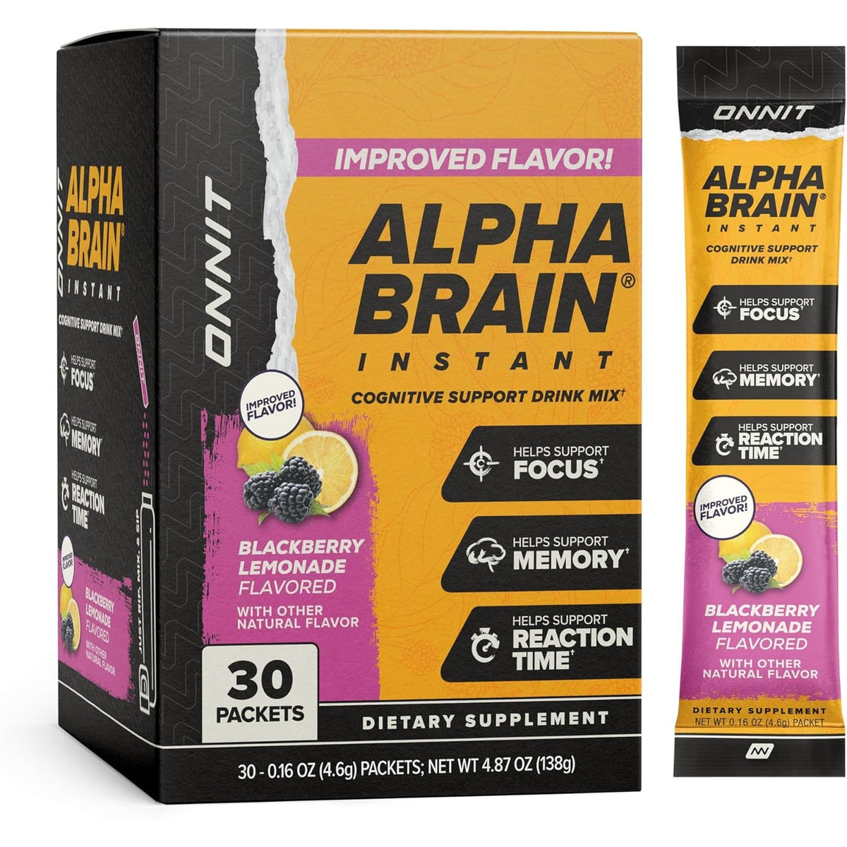 ONNIT Alpha Brain Instant Cognitive Support Drink Mix, Blackberry Lemonade Flavor, Nootropic Supplement for Focus, Memory, and Clarity, 0.13 Oz Packets, 30 Count