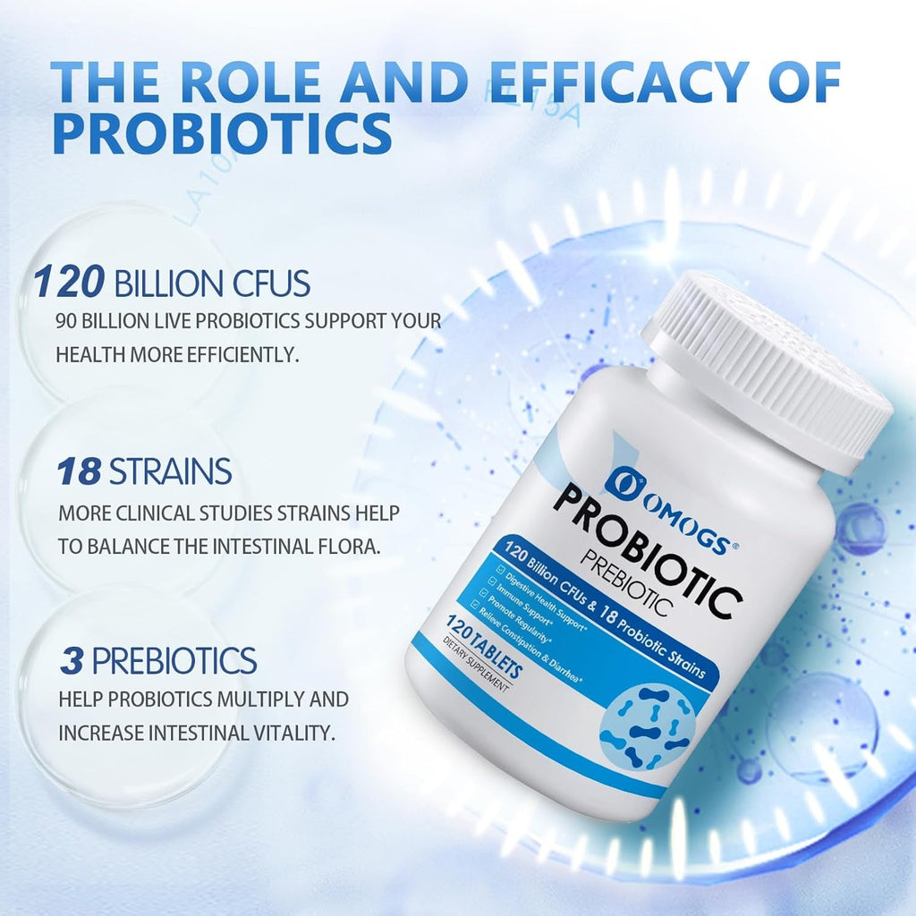 OMOGS Probiotics 120 Billion Cfus 18 Strains,With 3 Organic Prebiotics & Vitamin C,Nutritional Supplement for Women,Men & Kids,Support Metabolism,Immunity and Digestive Health,Non-Gmo, 120 Tablets