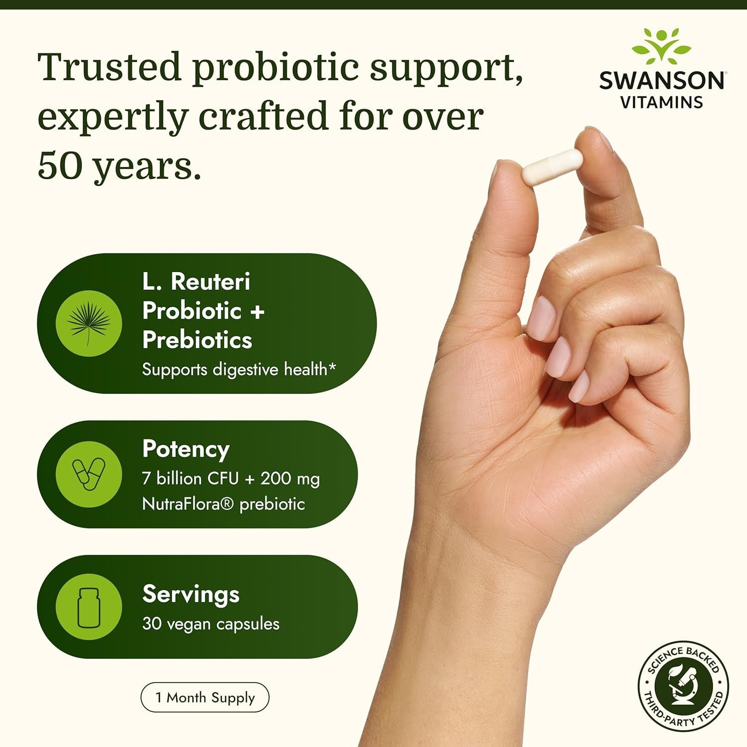 Swanson L. Reuteri Probiotic plus with L. Rhamnosus, L. Acidophilus & FOS Prebiotic for Gut-Health-Conscious Adults - 7 Billion CFU (30 Vegan Capsules)