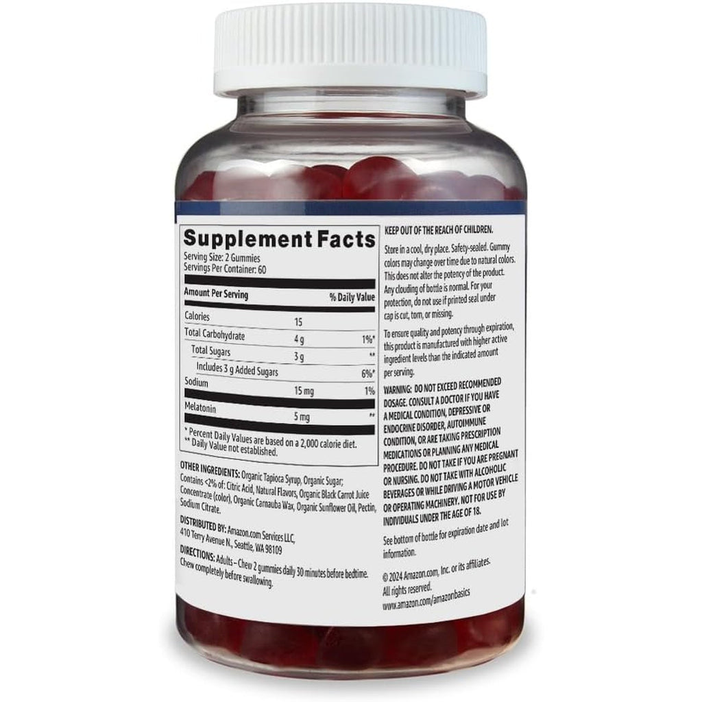 Amazon Basics Melatonin, Sleep Support Gummies, Strawberry Flavor, 5Mg, 120 Count (Previously Solimo)