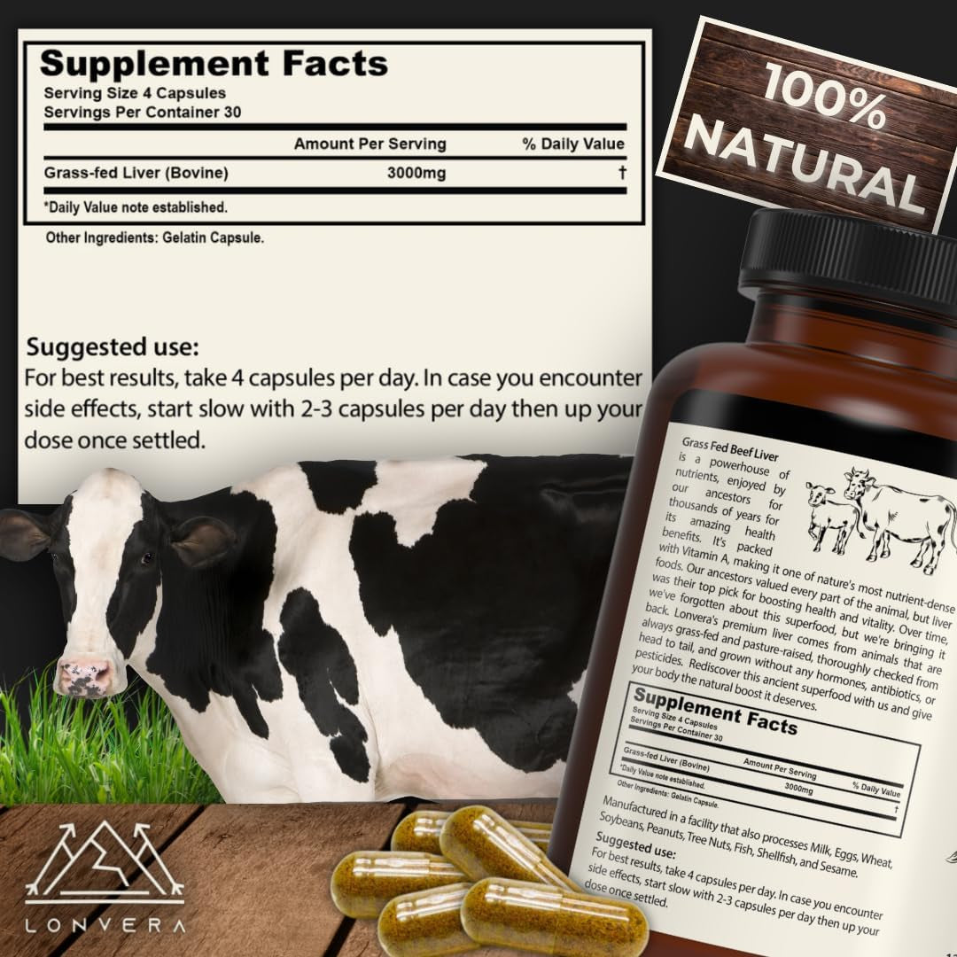 Lonvera Grass Fed Beef Liver Capsules for Women and Men – 3000Mg Freeze Dried Desiccated Organs – Nutrient Source for Joints, Bones, Hair, Skin, Nails & Daily Energy – 120 Pasture-Raised Capsules