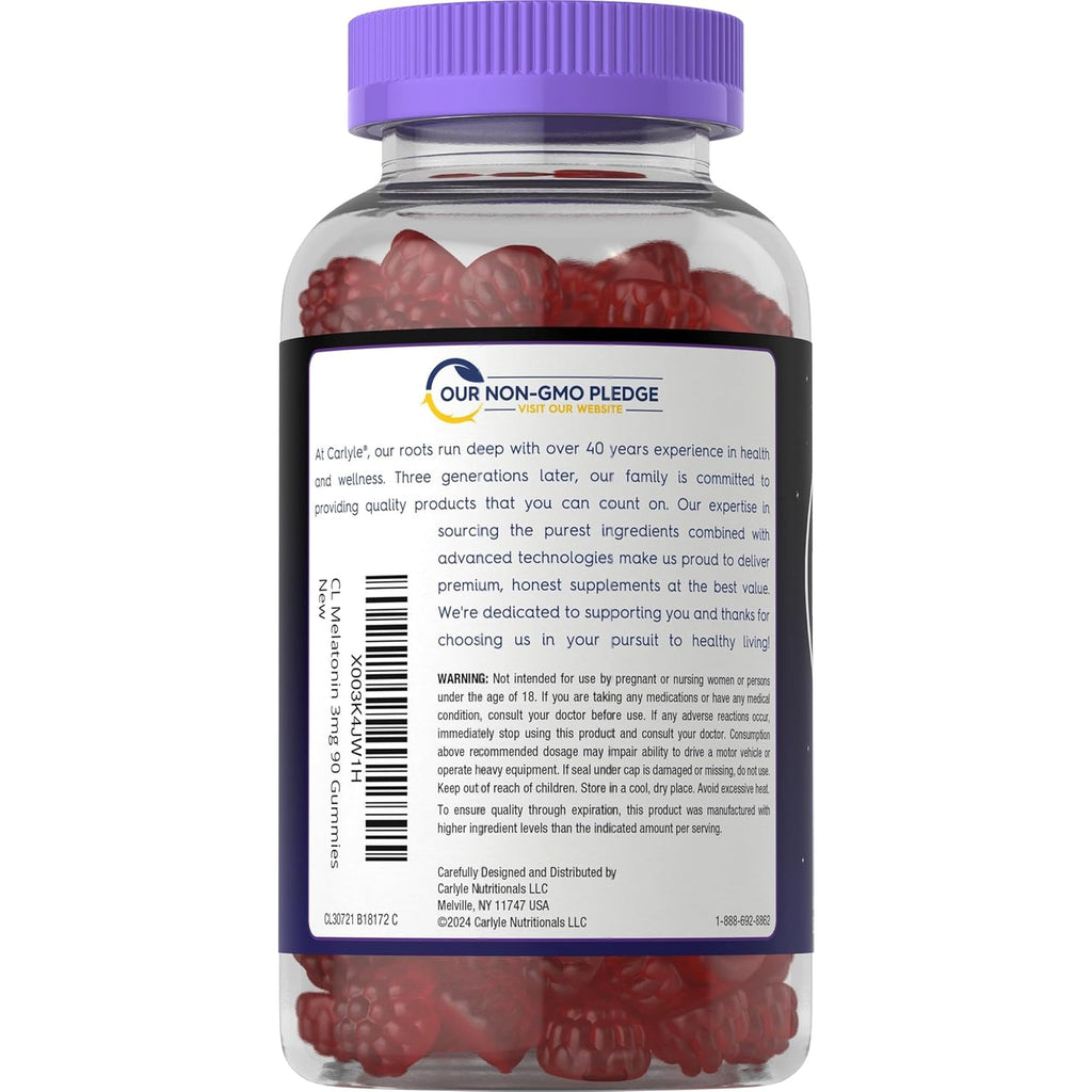 Carlyle Melatonin Gummies 3Mg | 90 Count | Fruit Flavor Gummy Supplement | 100% Drug Free Support | Vegan, Non-Gmo, Gluten Free