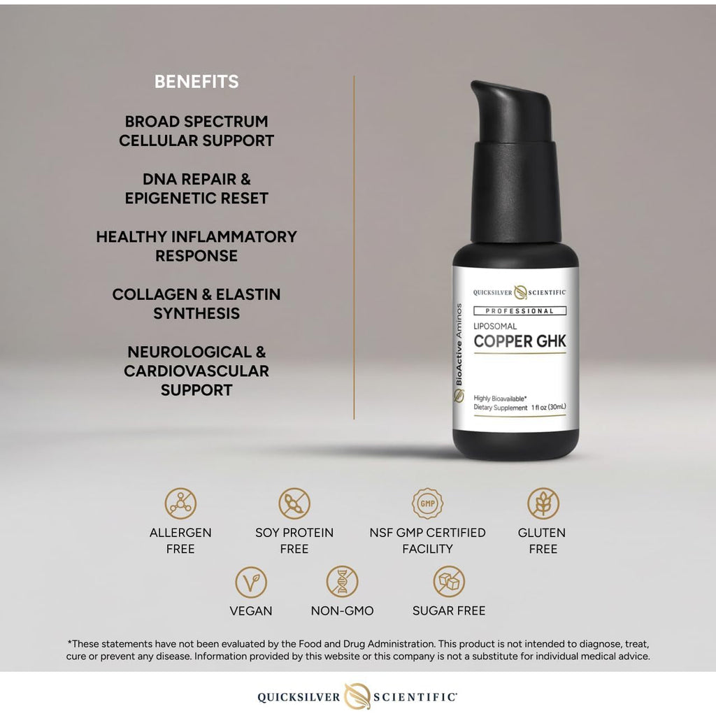 Quicksilver Scientific Oral Liposomal Copper GHK - Oral Liposomal Supplement for Collagen Support - Vegan, Gluten-Free, Sugar-Free & Non-Gmo - 1 Fl Oz (30 Servings)