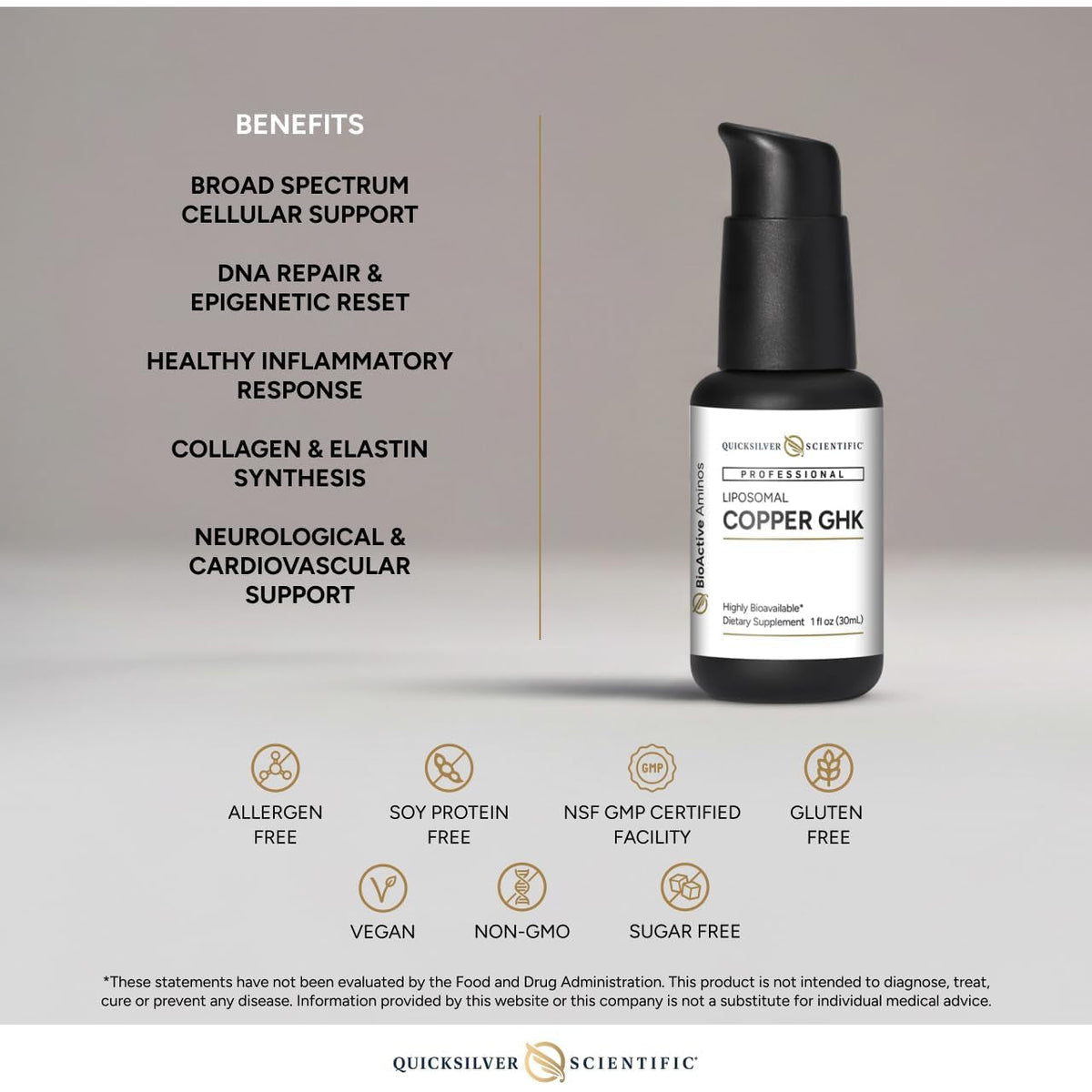 Quicksilver Scientific Oral Liposomal Copper GHK - Oral Liposomal Supplement for Collagen Support - Vegan, Gluten-Free, Sugar-Free & Non-Gmo - 1 Fl Oz (30 Servings)