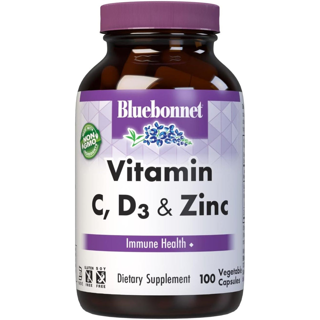 Bluebonnet Nutrition Vitamin C, D3 & Zinc, for Immune Health and Respiratory Function*, Soy-Free, Gluten-Free, Non-Gmo, Kosher Certified, Dairy-Free, 100 Vegetable Capsules, 100 Servings