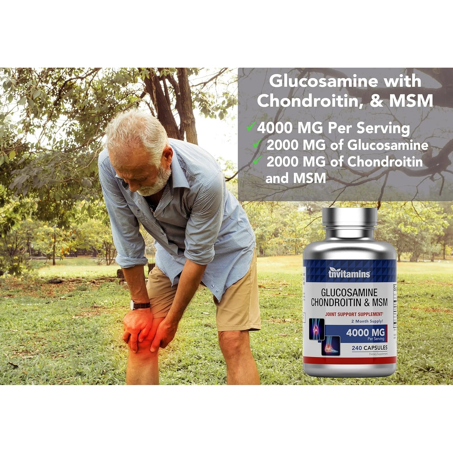 Tnvitamins Glucosamine Chondroitin MSM Capsules, 240 Count | 4,000 Mg per Serving | 2,000 Mg Glucosamine Sulfate 2Kcl + 2,000 Mg MSM & Chondroitin Blend | Joint Support Supplement