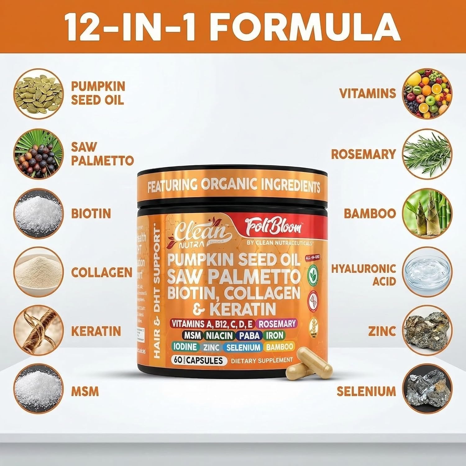 Clean Nutra Pumpkin Seed Oil Capsules + Saw Palmetto Biotin Collagen Keratin MSM Folate Hyaluronic Acid Supplements B12 Zinc Hair Supplement for Women Men Iodine 5-MTHF B-12 Vitamin B9-60 Pills