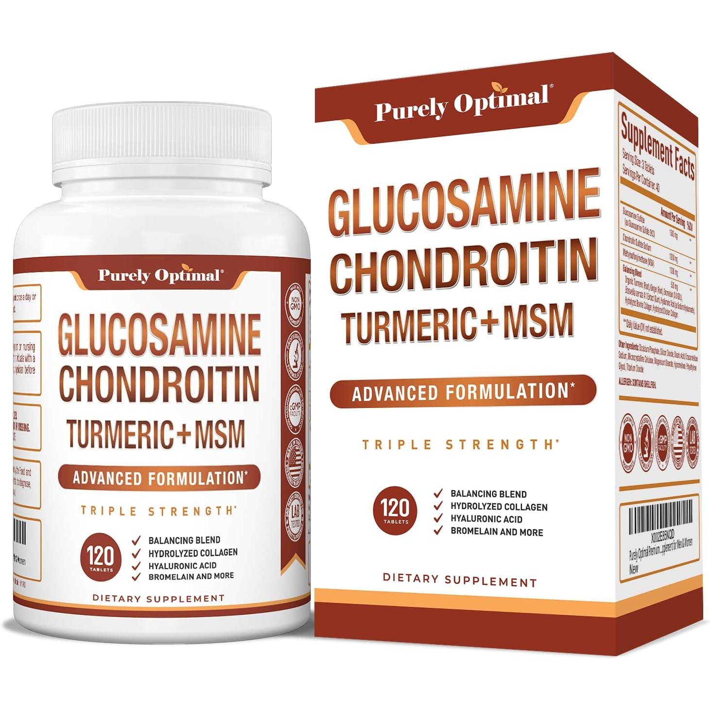 Purely Optimal Glucosamine Chondroitin MSM Supplement W/Turmeric & Boswellia - Glucosamine Sulfate Joint Supplement for Men & Women - 120 Tablets