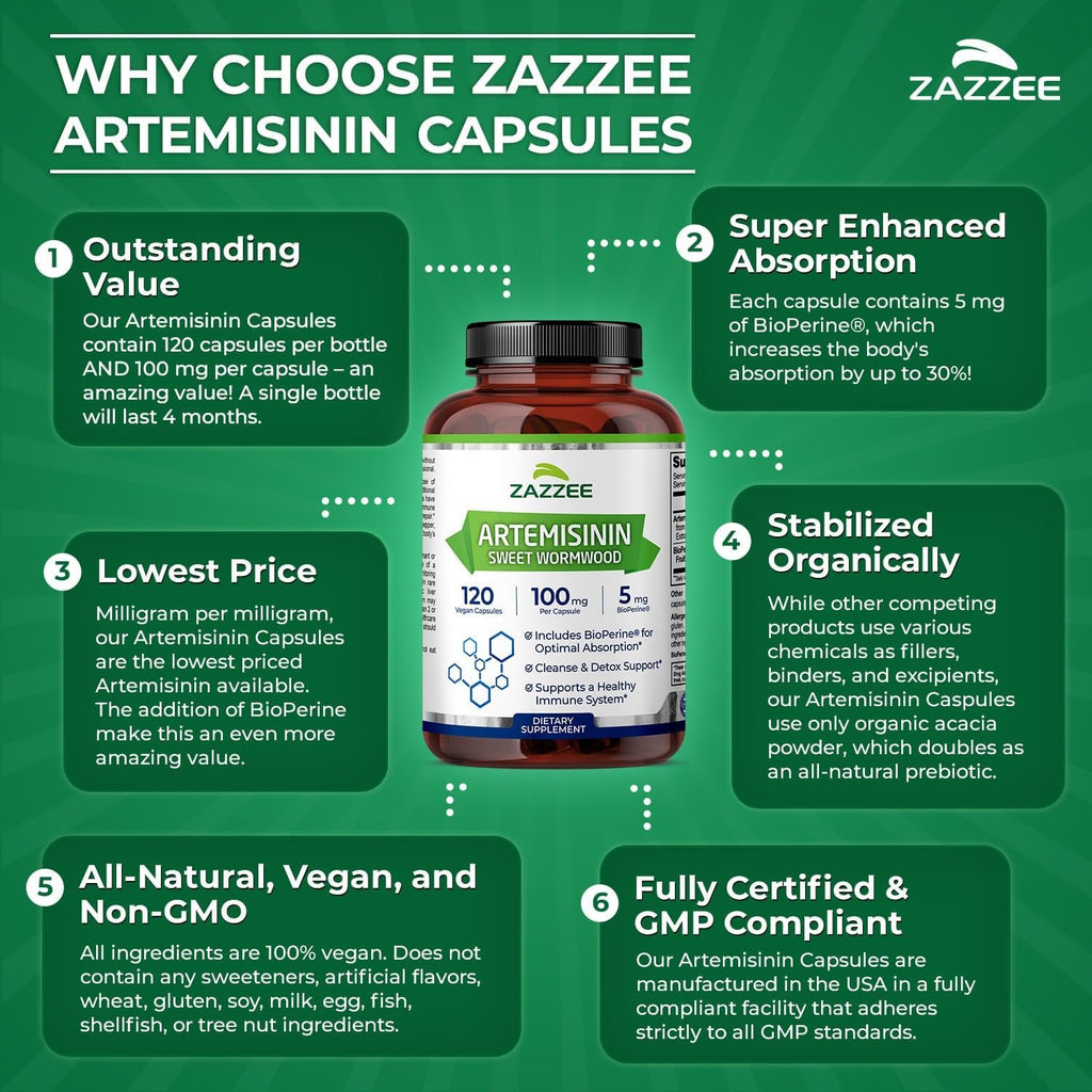 Zazzee High Absorption Artemisinin, 100 Mg per Capsule, 120 Vegan Capsules, with 5 Mg Bioperine for Maximum Absorption, Sweet Wormwood Extract, 4 Month Supply, All-Natural and Non-Gmo
