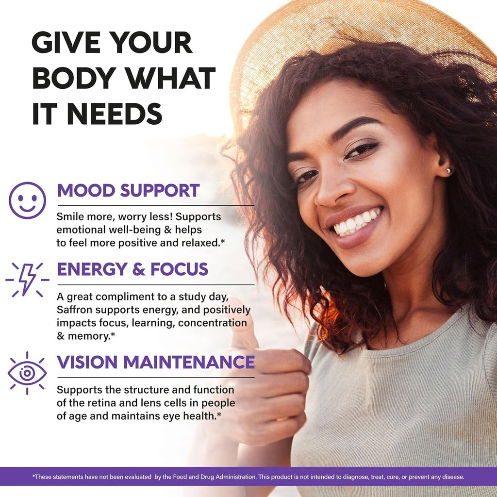 Natural Saffron Supplements - Pure Saffron Extract 88.5 Mg - Mood | Focus | Vision | Energy Support - Eye Health for Women & Men - Lab Tested - Nongmo Vegan Pills - 90 Powder Capsules, 3 Month Supply