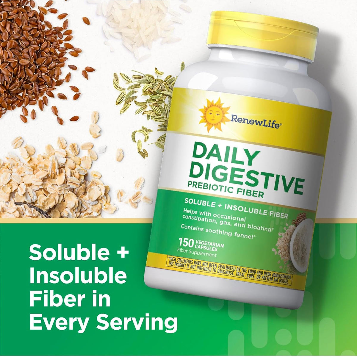 Renew Life Adult Daily Digestive Prebiotic Fiber, 150 Vegetarian Capsules (Package May Vary)